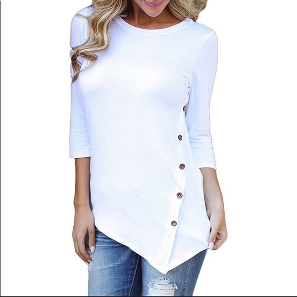 Asymmetrical 3/4 Sleeve Button Detail Top White - Picture 3 of 6